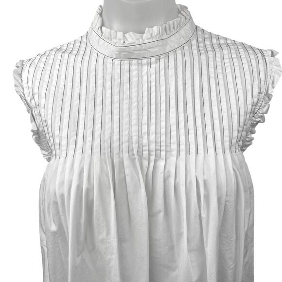 Ganni White Pintucked Ruffle Mock Neck Back Button Up Babydoll Blouse Top Size 8 - Picture 12 of 15